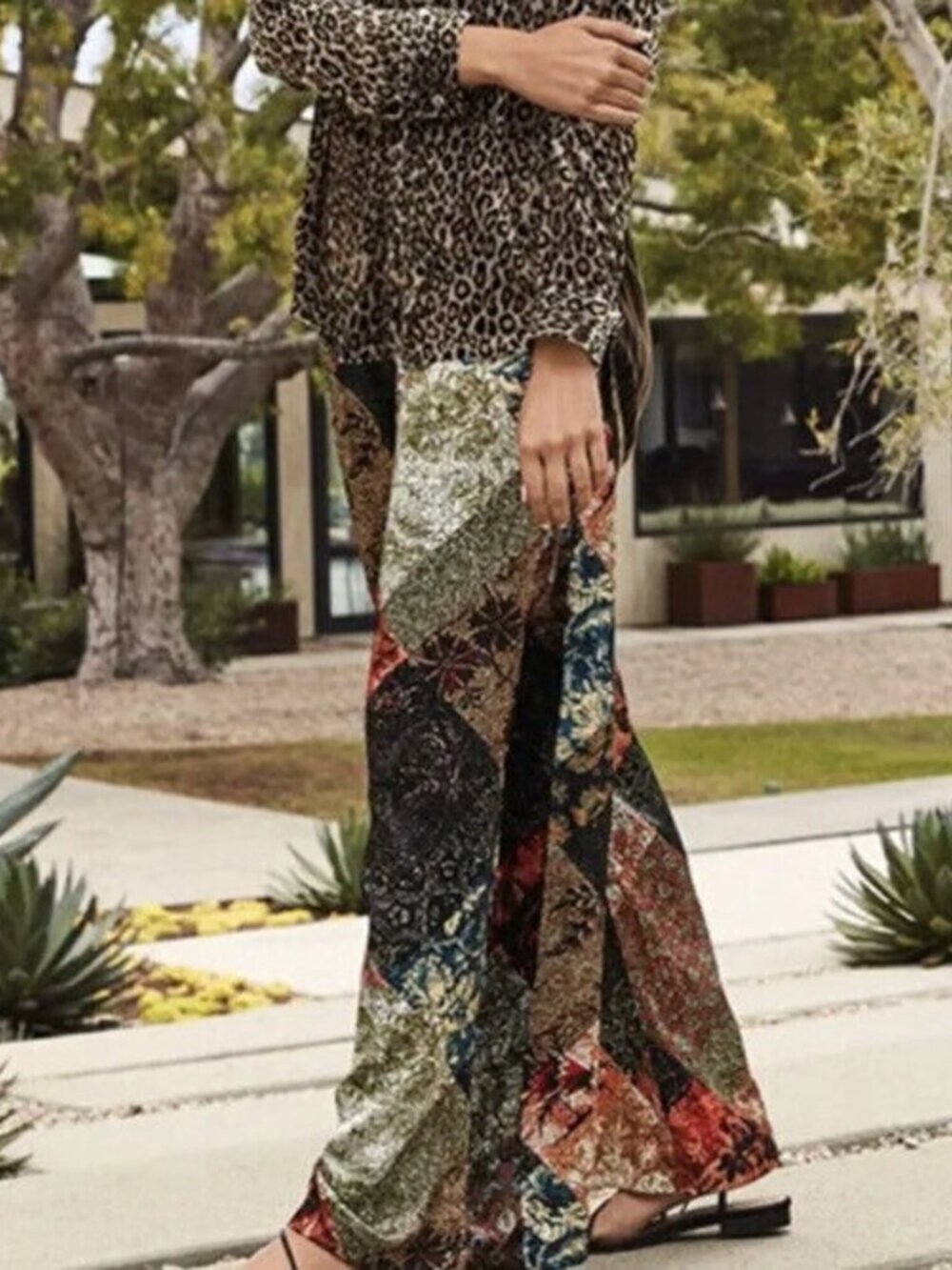 Johnny Was Workshop Silk Wide Leg Pants Small Floral Geometric Boho Velvet Trim